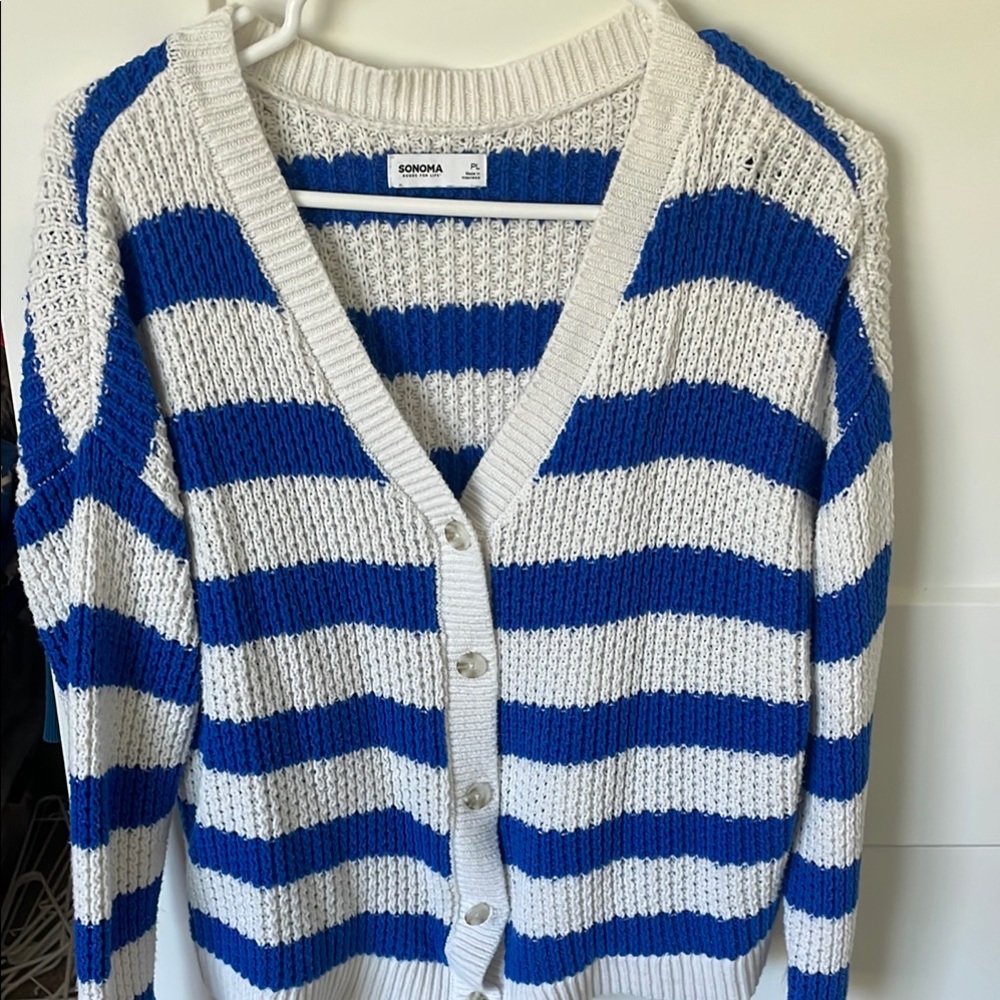 SONOMA Blue and White Striped V-Neck Cardigan Sweater